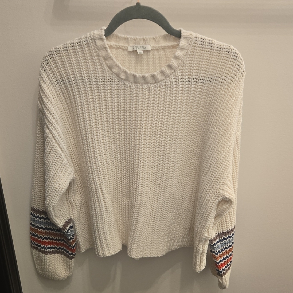 Z Supply Ivory Sweater with Colorful Sleeve Accents